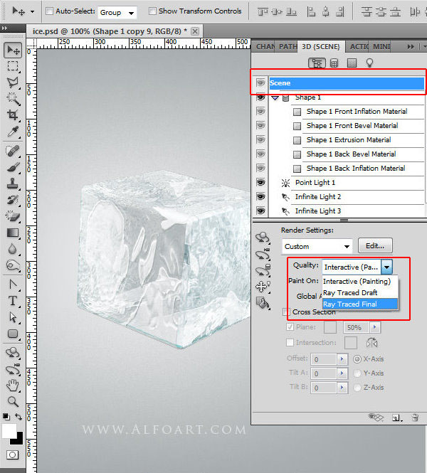 Ice cube 3D photoshop tools tutorial. 3D scene ice cube and cherry inside, ice txture effect in photoshop, ice reflection, 3D rendering, 3D light effects, realistic ice effectt, winterphotoshop  ideas